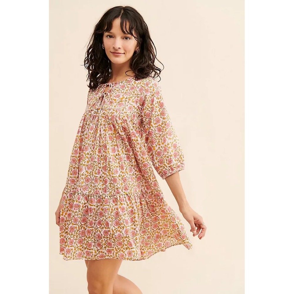 Maelu Pink Yellow‎ Floral Block Print Tiered Babydoll Mini Dress Womens Size M